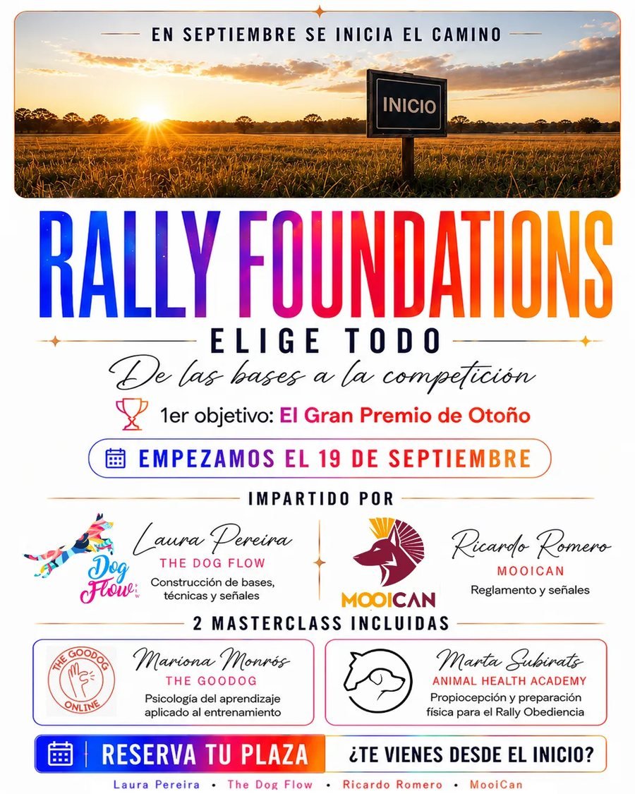Cartel de Rally Foundations, de las bases a la competición: formación impartida por Laura Pereira (The Dog Flow) y Ricardo Romero (MooiCan), con comienzo el 19 de septiembre